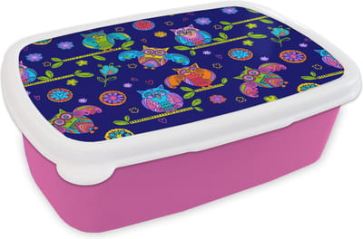 Broodtrommel Roze - Lunchbox - Brooddoos - Patroon - Uil - Takken - 18x12x6 cm - Kinderen - Meisje