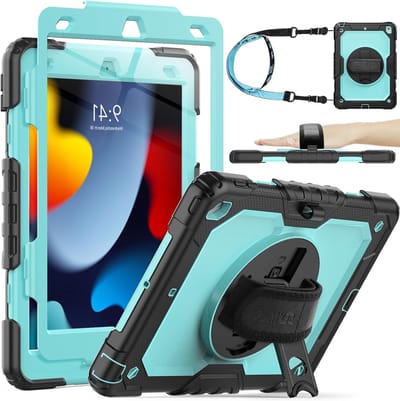 Beschermende hoes voor iPad 9e/8e/7e generatie 10.2 inch met schermbeschermer, potloodhouder en 360° draaibare handband, valbestendige case in lichtblauw