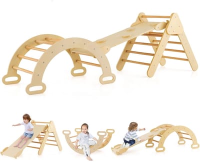 Houten Klimdriehoek Set met Glijbaan, Klimboog en Schommel - Montessori Binnenspeeltuin voor Kinderen vanaf 1 Jaar