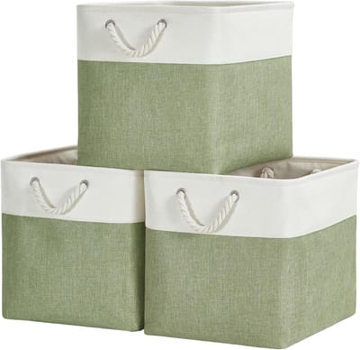 Famanu – Stoffen kubus opbergdozen - canvas opbergmanden voor kinderkamer - kast - speelgoedplank (groen/wit - set van 3)