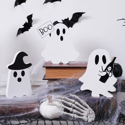 Dailygoody - Houten Spookbordjes - Halloween Decoratie - Duurzaam - Wit - Tafeldecoratie - Ideaal voor Feestdagen - 3 Stuks