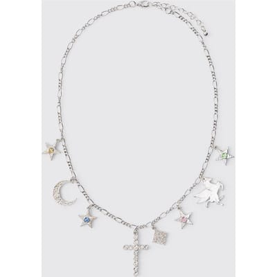 Silver Layered Necklace with Star and Key Charms