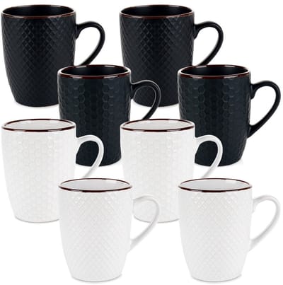 Mokken Keramiek Wit Zwart 400 ml 8 stuks - Set - Bekers - Koffiebekers - Kopjes - Koffiemok