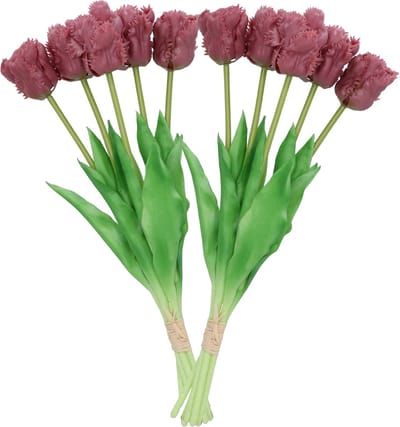 DK Design Kunst tulpen boeket - 10x stuks - aubergine paars - real touch - 39 cm - levensechte kunstbloemen