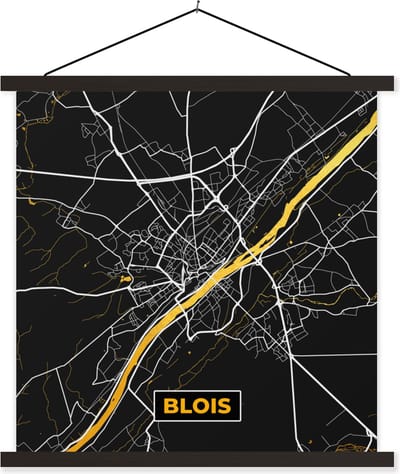 Posterhanger incl. Poster 60x60 cm - Schoolplaat - Frankrijk – Blois – Stadskaart – Plattegrond – Kaart - Textielposter - Zwarte latten - Stadskaart