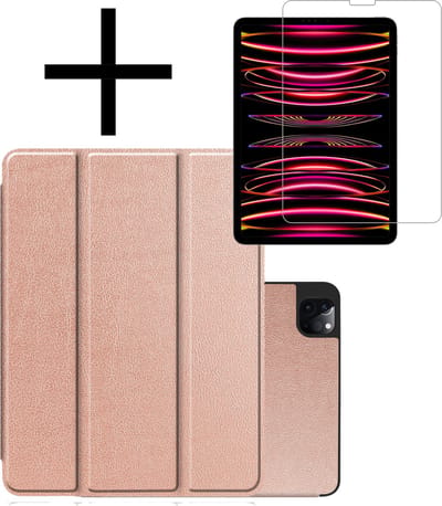 Hoes - Geschikt voor Apple iPad Pro (2022) - 12.9 inch - Met Screenprotector - Trifold Bookcase - Hard Cover Case - Met Uitsparing Geschikt voor Apple Pencil - Hardcover Book - Tablet Hoesje - Rosé goud