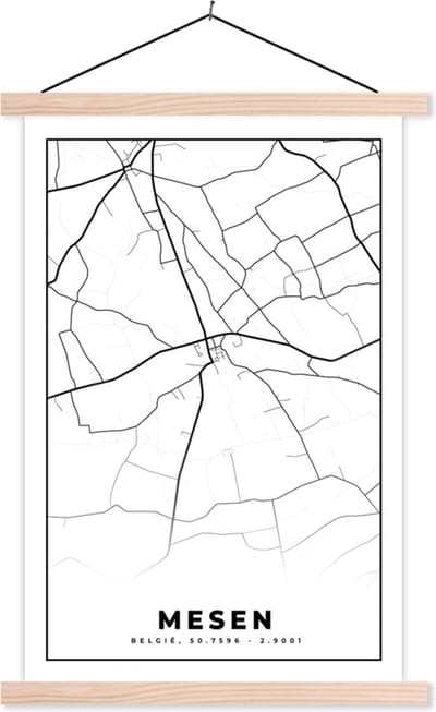 Posterhanger incl. Poster 40x60 cm - Schoolplaat - Stadskaart – Plattegrond – België – Zwart Wit – Mesen – Kaart - Textielposter - Blanke latten - Stadskaart