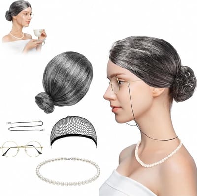 Complete Kostuumset voor Oudere Vrouwen - Inclusief Perücke, Bril, Nepparels, Armband en Oorbellen voor Halloween, Cosplay en Carnaval