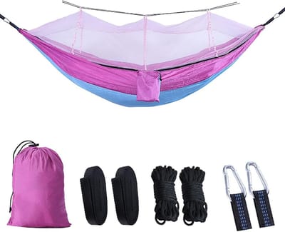 Camping Hangmat - Dubbele Stoel - Ontspannen Buiten - Met Klamboe - 260x140 cm - Lichtblauw Roze