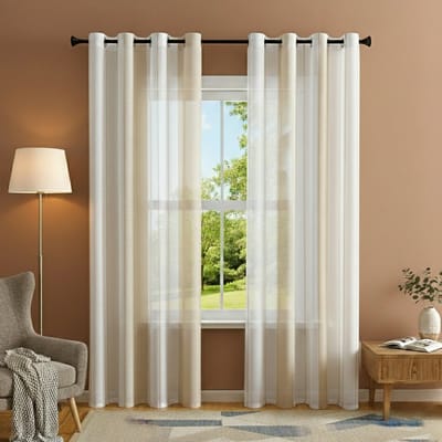 Qelus Set van 2 Vitrages met Ringen - Gestreept Linnenlook Voile Gordijn - Transparant & Luxe - Voor Woonkamer - Voilage à Rayures Oeillets - B140xH145cm