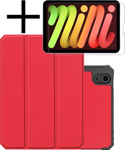 Hoes - Geschikt voor Apple iPad Mini 6 (2021) - 8.3 inch - 6e Generatie - Met Screenprotector - Trifold Bookcase - Hard Cover Case - Met Uitsparing Geschikt voor Apple Pencil - Hardcover Book - Tablet Hoesje - Rood