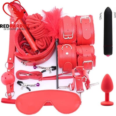 BDSM bondage pakket - 12-delig - Complete set - Rood - Leder en siliconen