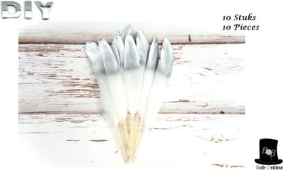Bob Online ™ - 10 Stuks – Wit en Zilver – Doe-het-zelf Veren – Veren – Ganzenveren – Geschilderd Veren – White & Silver DIY Feathers – Doe-het-zelf kerstversiering, ambachtelijke kleding, verjaardag, bruiloft enz. – Metallic Silver Tipped Feathers