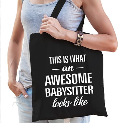 Awesome babysitter / geweldige oppas cadeau katoenen tas zwart voor dames - kado tas / beroepen / tasje / shopper