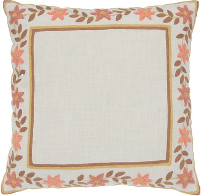 Urbane Hide Bloemlijn Geborduurde Kussenhoes 45x45 cm - Katoen & Acryl - Sierkussenhoes Beige met Oranje - Met Rits - Zonder Binnenkussen