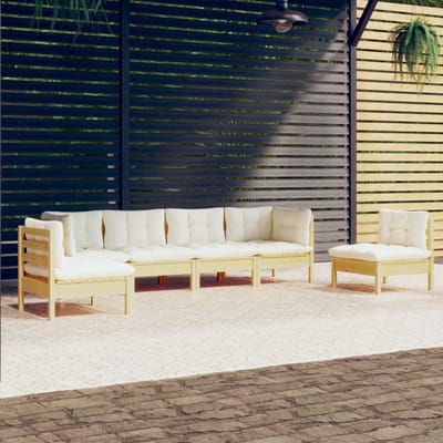 vidaXL - 6-delige - Loungeset - met - crèmekleurige - kussens - massief - grenenhout