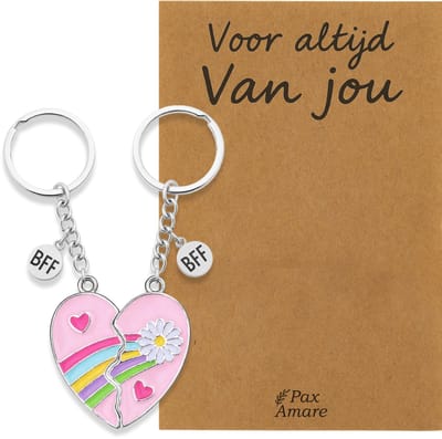 Koppel Sleutelhanger voor 2 'Voor altijd van jou' - Roze Hartje met Bloem - Sleutelhanger set op Cadeau Kaartje - Zilverkleurig - Persoonlijke Hanger - Pax Amare