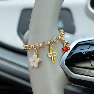 1 st Zoete Kers Legering Bloem Kruis Auto Stuur Decoratieve Ketting Vrouwelijke Interieur Decoratie Producten 1pcs gray