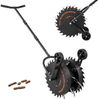VEVOR Handmatige gazonbeluchter, gazonbeluchter met een werkdiepte van 5 cm, 2 rollen en 16 ijzeren pinnen, stalen gazonbeluchter, gazonroller voor verdichte grond, gazonverzorging voor tuin en erf, zwart