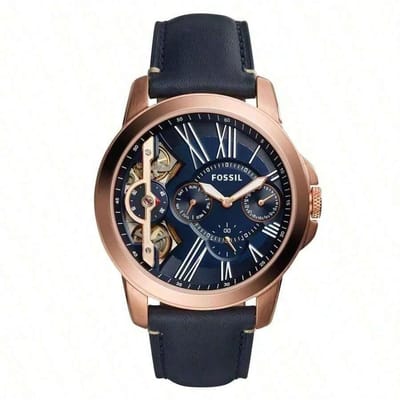 **Montre 3 aiguilles en cuir Série Grant** **Fossil** avec mouvement quartz/automatique, boîtier en acier inoxydable, design classique résistant aux rayures. bleu
