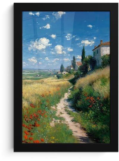Poster in lijst - Fotolijst 20x30 cm - Posters - Zandpad - Huis - Bomen - Grasveld - Posterlijst zwart - Decoratie - Wanddecoratie woonkamer - Muurdecoratie slaapkamer