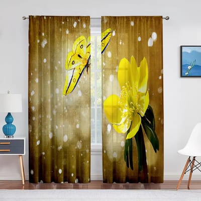 Lente Blauw Bloemen Vlinder Transparant Gordijn voor Woonkamer Slaapkamer Huis Keuken Chiffon Tule Gordijnen Raamdecoratie 1 PCS W100XH250cm&Grommet Top
