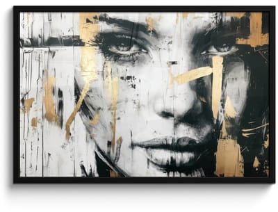 Poster in lijst - Fotolijst 90x60 cm - Posters - Portret - Vrouw - Penseelstreken - Goud - Posterlijst zwart - Decoratie - Wanddecoratie woonkamer - Muurdecoratie slaapkamer