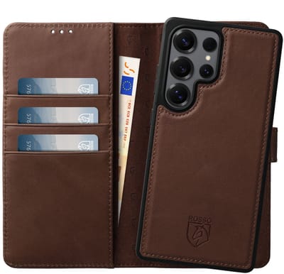 Rosso Elite Hoesje Geschikt voor Samsung Galaxy S24 Ultra | Compatibel met MagSafe | Book Case en Back Cover | Magnetisch Uitneembaar | Echt Leer Beschermhoes met Pasjeshouder | Bruin