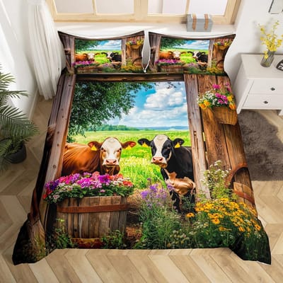 Melkkoe Dekbedovertrek Westerse Boerderijdier Dekbedhoes Cartoon Beddengoed Set King Queen Twin Boerderij Beddengoed Set Kawaii Kamerdecoratie AU Double(180*210cm)3pcs