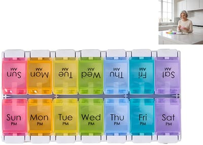 Pillendoos voor 7 dagen - Reisformaat pillendoos - Pillendoos met dubbele rij - 14 vakjes - Grote capaciteit - Druksluiting - Geschikt voor voedingssupplementen, medicijnen en vitamines - Oranje, Roze, Blauw,Lichtblauw, Groen, Geel en Paars
