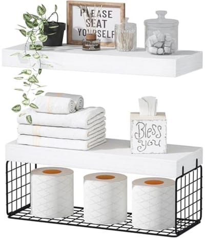 QEEIG Badkamerplanken boven toilet - wandgemonteerde zwevende planken toiletpapieropslag kleine boerderij decoratieve plank 40,6 cm set van 2, wit en zwart (019-WB2)
