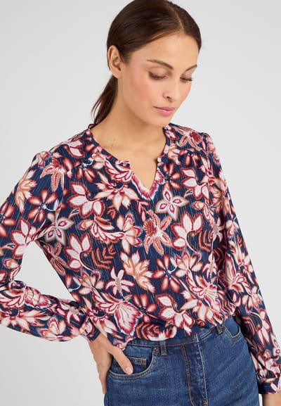 Damart - Gebloemd T-shirt in stretch crêpe stof met glanzend garen - Dames - Blauw - XS