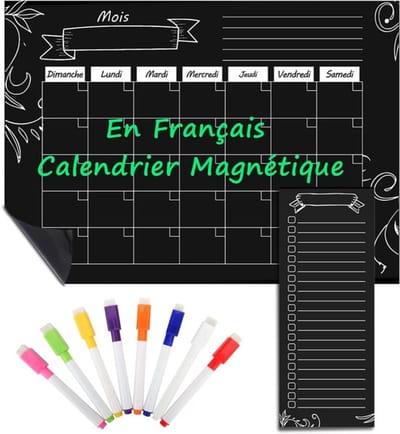 Magnetische Maandkalender voor Koelkast - Magnetisch Koelkastdagboek - 15.7'' x 11.8'' Franse Uitwisbare Planner met Frame en 8 Vloeibare Markers - Zwart