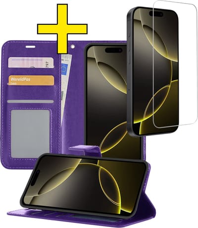 Hoesje - Met Screenprotector - Geschikt voor Apple iPhone 16 Pro - Luxe Pasjeshouder - Bookcase Portemonee - Flip Case - Kunstleer Book Case - Flipcase - Book Cover - Walletcase - Portemonneehoes - Telefoonhoesjes - Paars