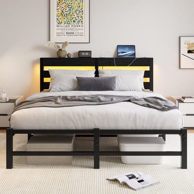MEUNIQ metalen bedframe 140x200 met RGB LED-verlichting, 2 USB-poorten, hoofdbord met legplank, lattenbodem en opbergruimte onder het bed, zwart