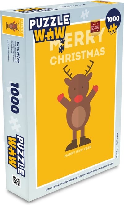 Puzzel Kerst - Quotes - Illustratie - Rendier - Merry Christmas - Geel - Legpuzzel - Puzzel 1000 stukjes volwassenen - Kerst - Cadeau - Kerstcadeau voor mannen, vrouwen en kinderen