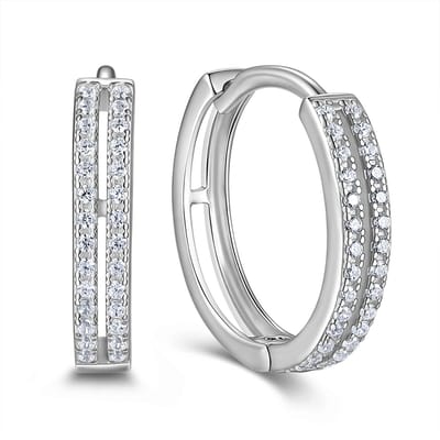 New Bling 9NB-1733 Zilveren Oorringen met Dubbele Rij Witte Zirkonia - 925 Sterling Zilver - Dames Oorbellen