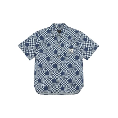 MLB New York Yankees Motif à Carreaux Denim Chemise Décontractée Confortable Manches Courtes Chemises Unisexes Bleu 3ADRMN623-50BLS XS white