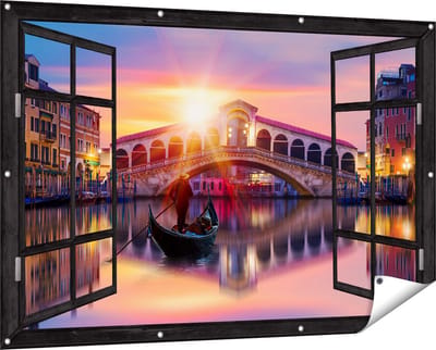 Gards Tuinposter Doorkijk Gondel bij de Rialtobrug in Venetië, Italië - 150x100 cm - Tuindoek - Tuindecoratie - Wanddecoratie buiten - Tuinschilderij