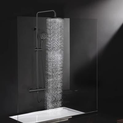 Douchesysteem met thermostaat, zwart, complete set met 25 cm ronde regendouche, douchekop, 3 straalsoorten, douchekop van 92-126 cm, in hoogte verstelbaar, regendouche met kraan, doucheset