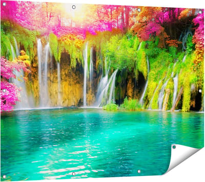 Gards Tuinposter Waterval met Roze en Groene Bloemen - 120x90 cm - Tuindoek - Tuindecoratie - Wanddecoratie buiten - Tuinschilderij