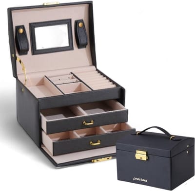 Prestara - Luxe Sieradendoos met 12 Compartimenten en Slot - Beschikbaar in Zwart, Crème, of Roze
