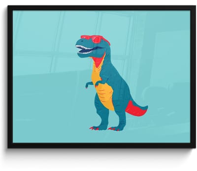 Poster in lijst - Fotolijst 80x60 cm - Posters - Dinosaurus - Blauw - Zonnebril - Posterlijst zwart - Decoratie - Wanddecoratie woonkamer - Muurdecoratie slaapkamer