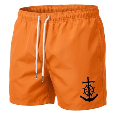 Oranje zwembroek heren met anker print – heren zwem short met elastische tailleband en wit trekkoord – korte strand zwembroek met mesh voering en zijzakken – effen oranje zwem short voor strand en zwemmen – maat S