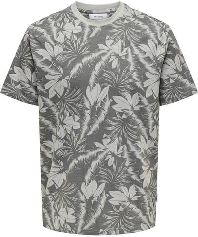Mann O&S Normale Pasvorm Ronde Hals T-Shirt Korte Mouw Tropische Print Shirt Basis Katoen ONSPERRY