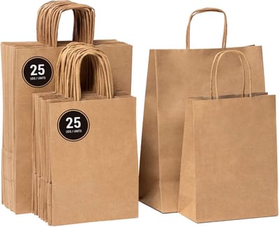 50 x papieren draagtassen Van Bruine Kraftpapier Met Gevlochten Oren 2 afmetingen 25 stuks 18x8x22cm en 25 stuks 22x10x28cm / papieren tassen Kraft Papieren Tasjes Met Handvat/ Cadeautasjes met gedraaid handgrepen / Zakjes/ 2 formaten