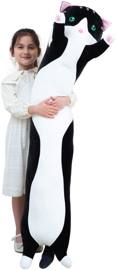 Pluche Kussen Kat - Extra Zachte Knuffelkat - 4 Kleuren & 6 Maten (50-150cm) - Ideaal Slaap- of Cadeaukussen voor Kinderen(Zwart,150cm）