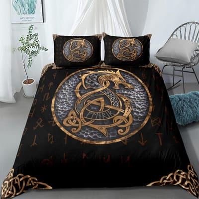 Vikingen Yggdrasil Fenrir Wolf Beddengoedset King Queen Dubbel Volledig Twin Eenpersoonsmaat Mythologie Symbolen Runen Beddengoedset 150x210cm