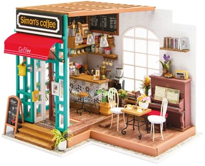 Robotime Simons Koffie DG109 - Houten Modelbouw -  Miniatuur bouwpakket Poppenhuis met LED licht - DIY