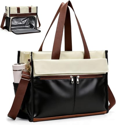 Lunchtas voor dames, 15,6 inch laptoptas, met geïsoleerd lunchvak, 2-in-1 zakelijke tas, met gekoeld vak, waterdichte werktas, geschikt voor op kantoor, school en leraren (zwart en wit)